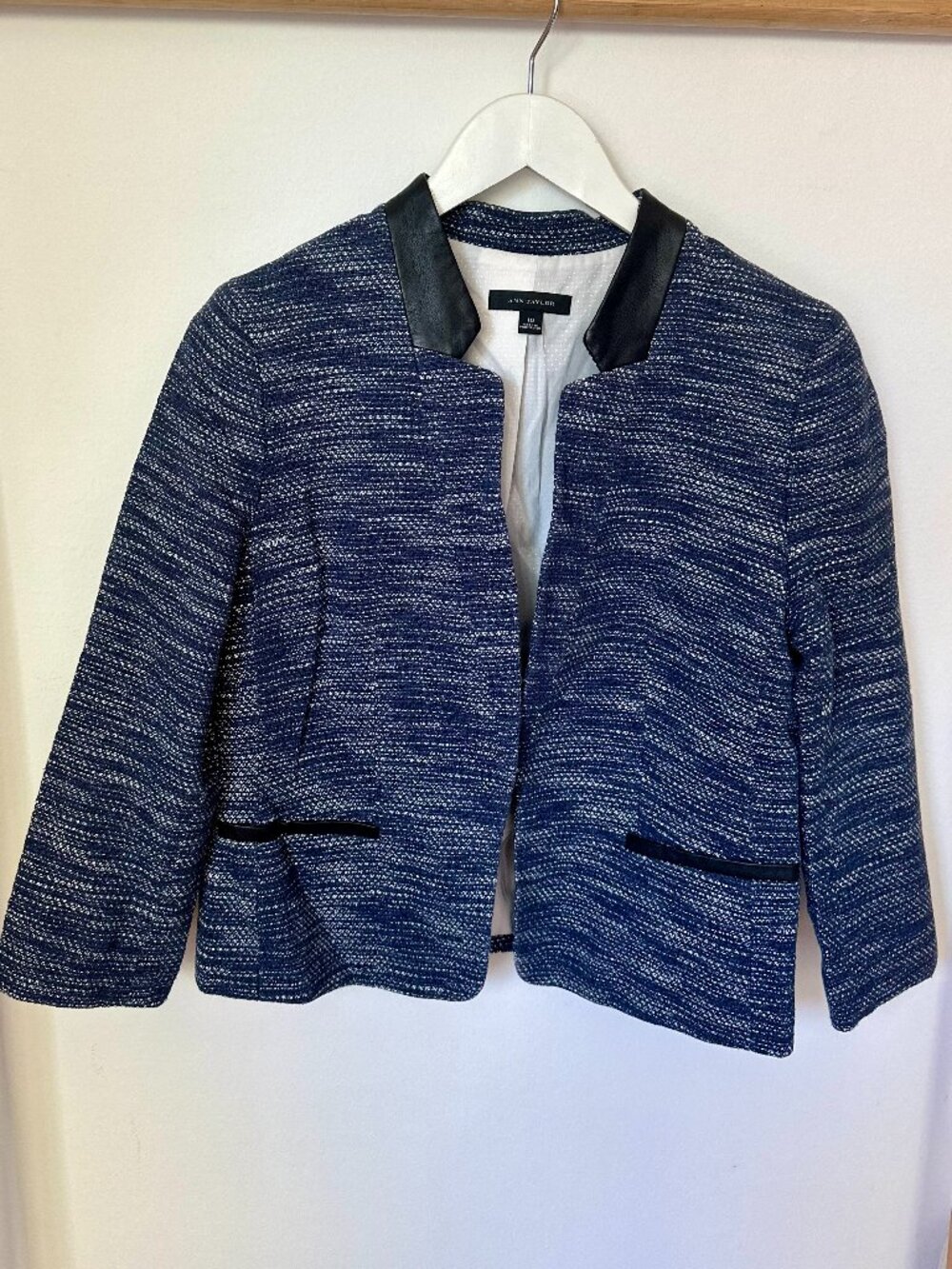 Ann Taylor Blue Textured Tweed Open Front Blazer Jacket